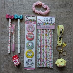 Hello Kitty Sanrio 8 Item Stationary Buttons Keychain Misc. Bundle